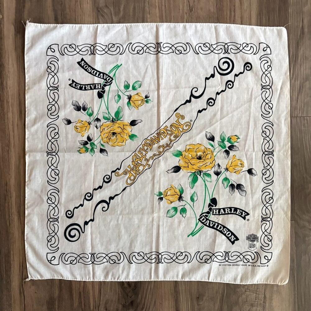 Vintage Harley Davidson Bandana 1990s White Floral USA Made